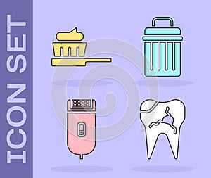 Set Broken tooth, Toothbrush with toothpaste, Electrical hair clipper or shaver and Trash can icon. Vector