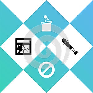 Set Broken window, Ban, Stage stand or tribune and Baseball bat with nails icon. Vector