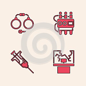 Set Broken window, Handcuffs, Dynamite timer clock and Syringe icon. Vector