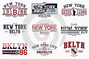 Set of Brooklyn, New York slogan prints for t-shirt. Typography graphics for college tee shirt. NY stamp collection for varsity