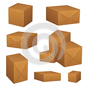 Set of brown cardboard boxes. Closed delivery packages. Vector illustration