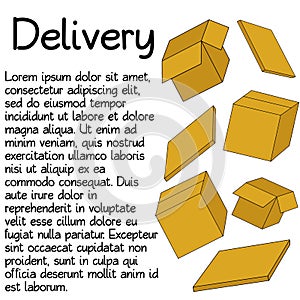 Set of brown cardboard carton boxes with copy space for text. Vector illustration in doodle outline style. Concept of post