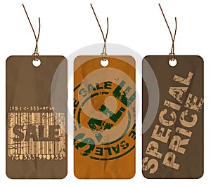 Set of brown crumpled paper tags