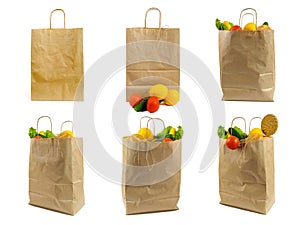 Set of Brown paper bag with vegetables. Recycled pack with fresh organic food isolated on white background