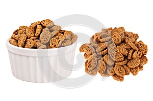 Set of brown rye croutons as heap and in ceramics bowl isolated on white background. Fast food template for menu, advertising, cov