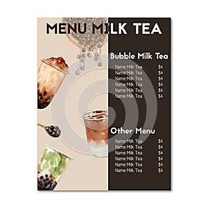 Set brown sugar bubble milk tea and matcha menu, ad content vintage, watercolor illustration design