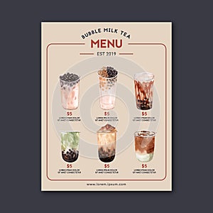 Set brown sugar bubble milk tea and matcha menu, ad content vintage, watercolor illustration design