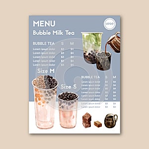 Set brown sugar bubble milk tea and matcha menu, ad content vintage, watercolor illustration design