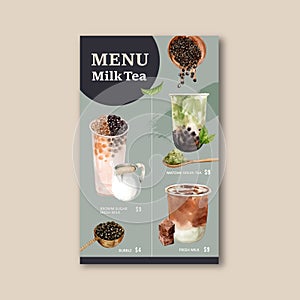 Set brown sugar bubble milk tea and matcha menu, ad content vintage, watercolor illustration design