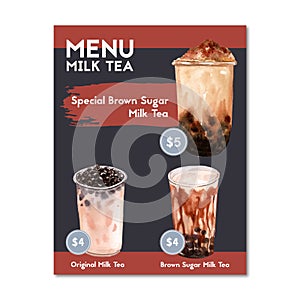 Set brown sugar bubble milk tea menu, ad content vintage, watercolor illustration design