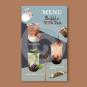 Set brown sugar bubble milk tea menu, ad content vintage, watercolor illustration design