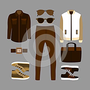 Set of brown trendy men's clothes and accessories. Men's wardrobe