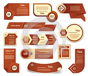 Set of brown vector progress, version, step icons.
