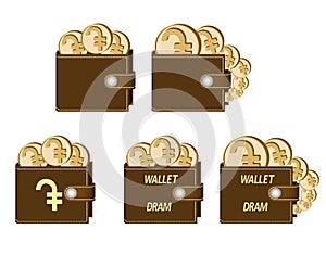 Set of brown wallets with dram coins