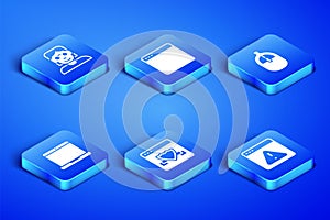 Set Browser with exclamation mark, Hacker or coder, shield, Laptop, window and Computer mouse icon. Vector
