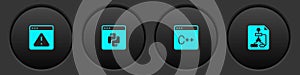 Set Browser with exclamation mark, Python programming language, Software and Flowchart icon. Vector