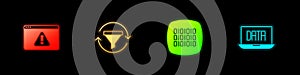 Set Browser with exclamation mark, Sales funnel chart, Binary code and Data analysis icon. Vector
