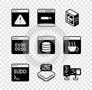Set Browser with exclamation mark, Search engine, Computer, Code terminal, Processor microcircuits CPU, monitor screen