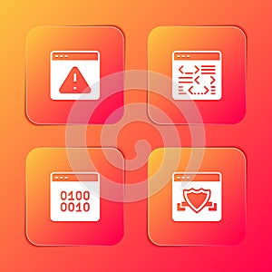 Set Browser with exclamation mark, Software, Binary code and shield icon. Vector