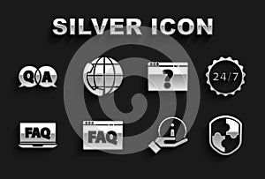 Set Browser FAQ, Clock 24 hours, Shield, Information, Laptop and, with question mark, Question Answer and Telephone