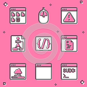 Set Browser files, Computer mouse, with exclamation mark, Flowchart, Programming language syntax, Software, Cloud