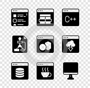 Set Browser files, MySQL code, Software, Server, Data, Web Hosting, Computer monitor screen, Flowchart and icon. Vector