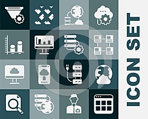 Set Browser files, Social network, Hierarchy organogram chart, Network cloud connection, Monitor with graph, Data