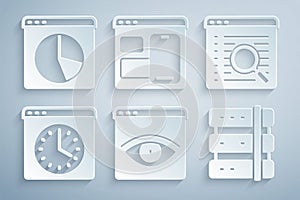 Set Browser incognito window, Search engine, Server, Web developer programming code and Graph chart infographic icon