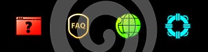 Set Browser with question mark, Shield text FAQ, Telephone 24 hours support and Lifebuoy icon. Vector
