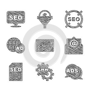 Set Browser setting, Social media marketing, Advertising, Mail and e-mail, SEO optimization, and icon. Vector