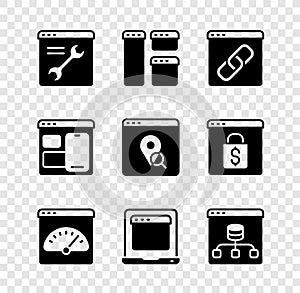 Set Browser setting, window, Digital speed meter, Laptop with browser, Server, Data, Web developer programming code and