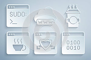 Set Browser with shield, Coffee cup to go, Software, Binary code, Web development and Code terminal icon. Vector