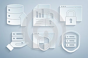 Set Browser with shield, Secure your site HTTPS, SSL, Server, Data, Web Hosting, Document and lock and icon. Vector