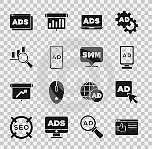 Set Browser window, Advertising, Magnifying glass and analysis, and Social media marketing icon. Vector
