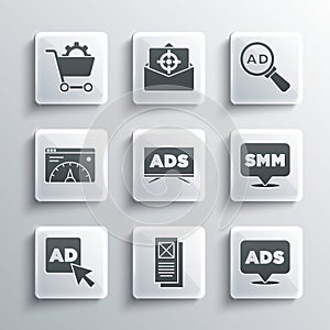 Set Browser window, Advertising, Social media marketing, Website statistic, Shopping cart and icon. Vector