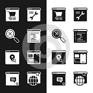 Set Browser window, Online shopping on screen, setting, Infographic of city map, Web developer programming code, Search