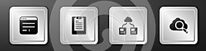 Set Browser window, Server, Data report, Cloud technology data transfer and Search cloud computing icon. Silver square
