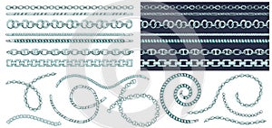 Set of brush patterns with retro hand-drawn sketch silver chain on dark background. Drawing engraving texture. Great