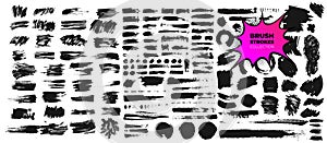 Set of brush strokes bundle. Circle frames. Dirty distress texture banners. Round grunge design elements. Rectangle, square and