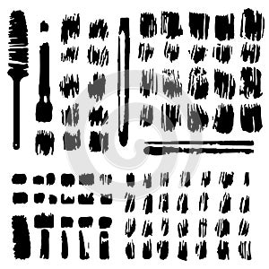 Set of brush strokes and stains black silhouette in grunge style. Irregular shapes and rough edges. Clipart
