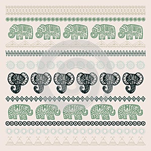 Set of brushes Indian Elephant with native zigzag ornaments ornamental strips. Hand drawn ethnic tribal decorated Elephant. dark o