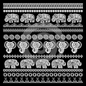 Set of brushes Indian Elephant with native zigzag ornaments ornamental strips. Hand drawn ethnic tribal decorated Elephant. White