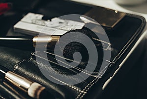 A set of brushes for makeup. Closeup