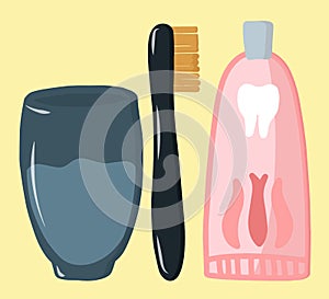 Set for brushing teeth and oral hygiene. Morning routine. Dental care. Vector flat and multasch illustration on a yellow