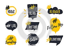 Set of bubbl banners with hashtags. trendy young slang words. Vector illustration