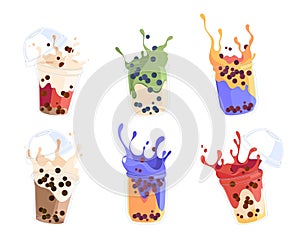 Set Of Bubble Tea Or Coffee Drinks Isolated On White Background. Tapioca Pearl Milk Tea, Boba Yummy Beverages In Glass