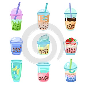 Set of bubble tea cup. Cartoon gasses of milk shakes. Asian food collection.