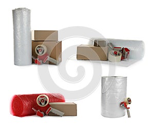 Set with bubble wrap rolls, cardboard boxes and tape dispensers on white background