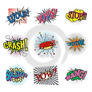 Set of bubbles speech, oops expression and speak onomatopoeia, crash and bang cloud, pow sound and cool comic