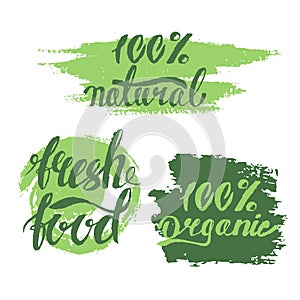 Set of bubbles, stickers, labels, tags with text. Organic food b